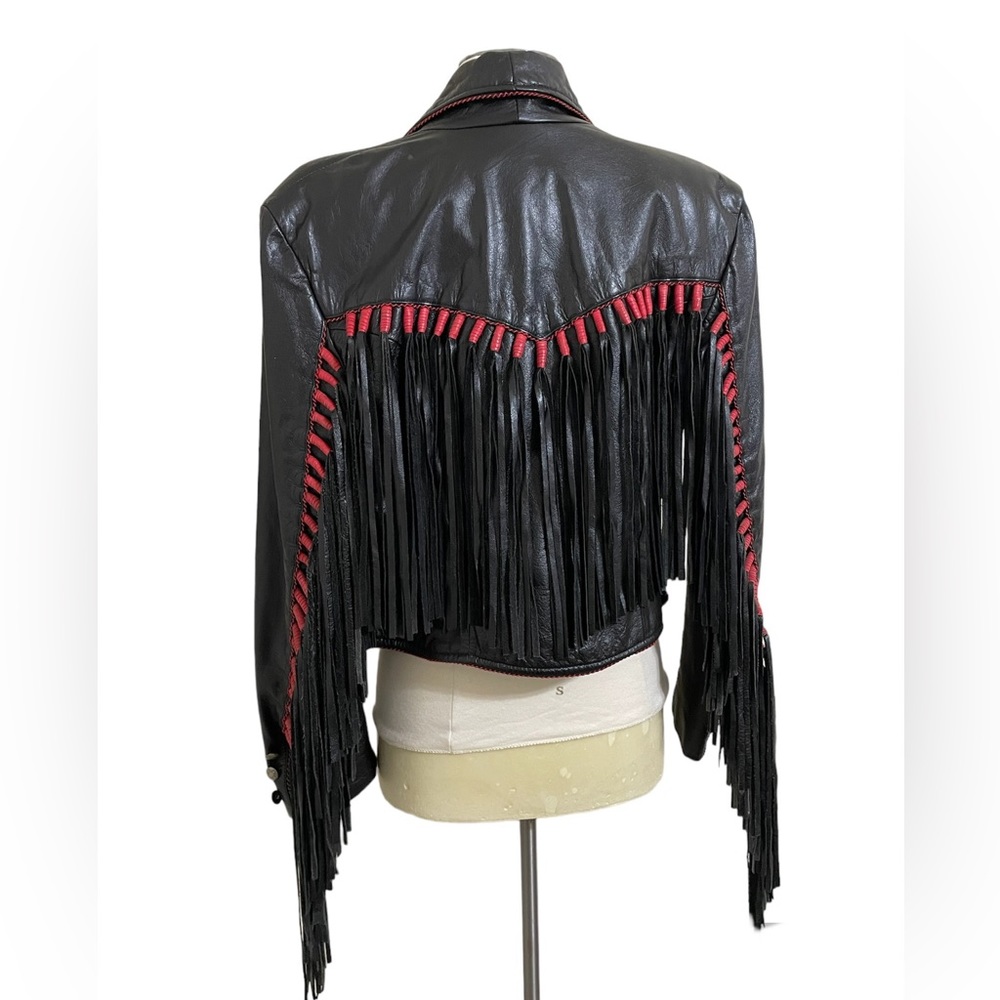 VINTAGE 90s Women’s Black and Red Leather Fringed Western Moto Jacket Size Small